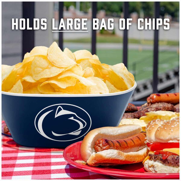 large melamine party bowl with Penn State Athletic Logo holding large bag of chips on outdoor table